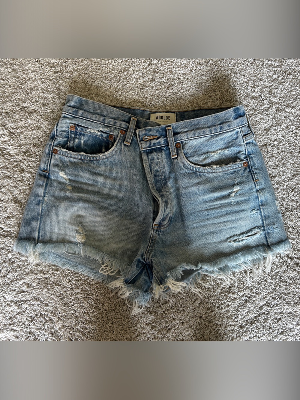Agolde Parker Light Blue Distressed Frayed Hem Denim Shorts